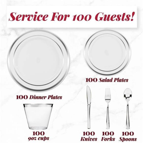 600 Piece Silver Plastic Dinnerware Set (100 Guests), 100 Dinner Silver Plates - Picture 3 of 7